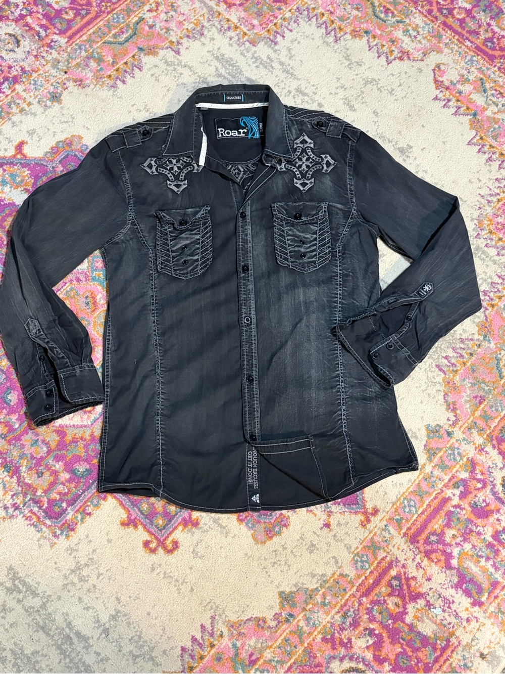 Roar Black Embroidered Long-Sleeve Shirt Jacket